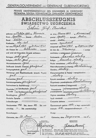 Świadectwo ukończenia szkoły z 1941r. wydane w języku polskim i niemieckim